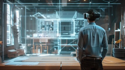 Fototapeta premium Innovative architect crafts virtual reality Building construction room, furniture designs cutting edge computer aided architecture, redefining interior spaces intricate plans on the digital screen
