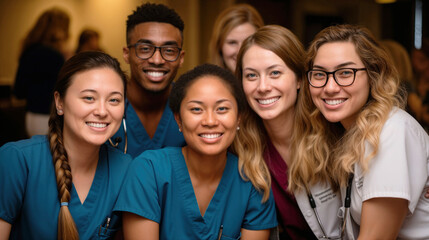 Fototapeta premium Diverse Group of Nursing Students: Asian, White, and Black Wearing Scrubs and Stethoscopes