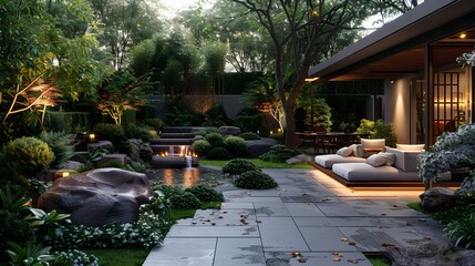 Luxurious backyard patio, flagstone pavement, comfortable outdoor furniture, lush garden landscape, evening twilight ambiance, warm lighting, diverse evergreen trees.