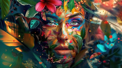 Jungle Jazz Muse Illustration of a woman's face decorated with leaves, flowers and feathers. Bright and artistic. The woman has a confident and expressive look. AI-generated. Creative art style.