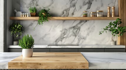 Kitchen podium background, food shelf, base table, wooden podium, empty podium counter, wooden background, kitchen board, work table, restaurant top, white marble, interior decoration