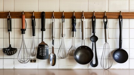 Kitchen utensils neatly arranged on a countertop for cooking, spatulas, whisks