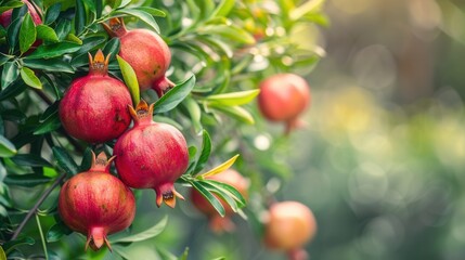Fresh pomegranate fruit in plantation farm closeup view