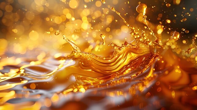 Olive oil splash, golden liquid droplets, viscous fluid dynamics, high-speed photography, macro shot, translucent amber waves, light refraction, smooth texture.