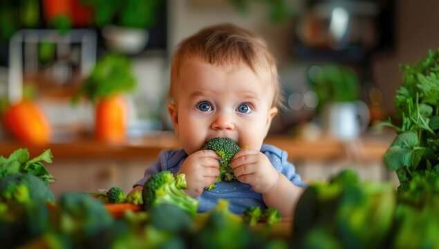 Baby Eating Broccoli with Messy Face. Generative ai