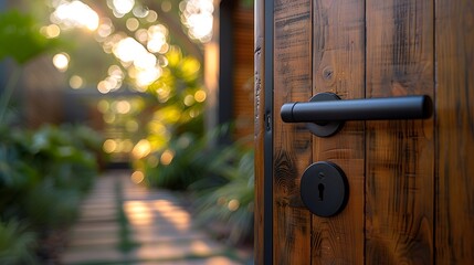 Solid wood door, rustic wooden texture, modern black door handle, close-up shot, keyhole detail, sleek hardware design, warm wood grain, contemporary home entrance.