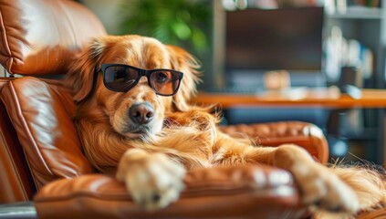 Golden Retriever Wearing Sunglasses Relaxing on Chair. Generative ai