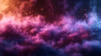 Obraz premium Cosmic nebula with vibrant orange, pink, and purple hues, illuminated by scattered glowing particles, creating a mystical and ethereal atmosphere in the vast expanse of space.