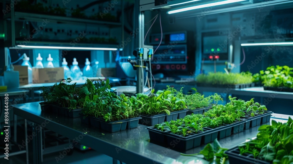 Aufkleber a hydroponic garden with rows of plants growing under artificial lights in a controlled environment.