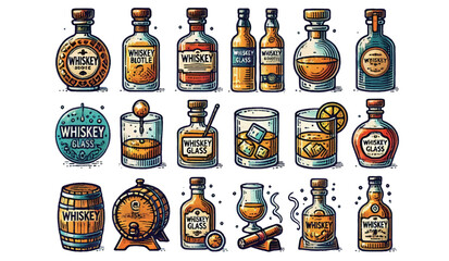 Hand-drawn Various Whiskey Bottles and Glasses with Cigars