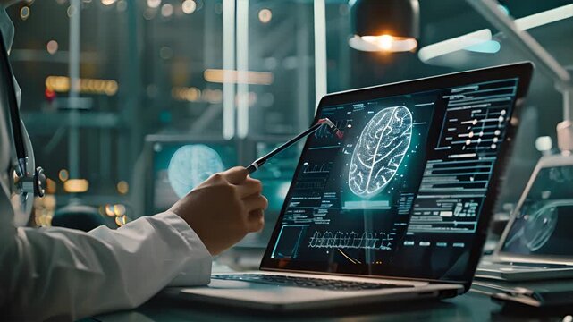 Doctor working with laptop computer on table use hologram to show medical data from patient brain using virtual reality technology for lab work and precision medicine. Ai Footage.