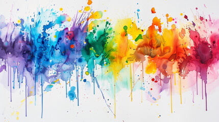 Fototapeta premium Colorful Abstract Watercolor Splash Painting on White Canvas, Featuring Vivid Rainbow Colors and Dynamic Brush Strokes