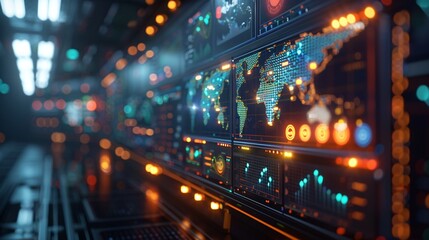 Obraz premium Transportation and delivery monitor room. Tracking AI and automatic robotic for transport packages in delivery business.