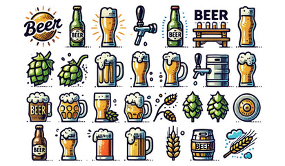 Hand-drawn Various Beer Bottles Glasses and Hops