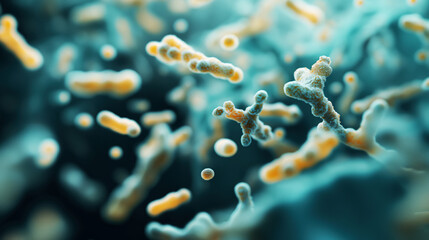 Microscopic view of bacteria or microorganisms with rod-shaped and irregular structures, in a teal and orange color scheme.