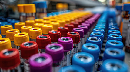A row of colorful bottles with different colored lids. The bottles are arranged in a row and are of various sizes