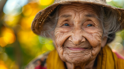 An elderly woman smiles warmly, her face etched with the stories of a life well-lived