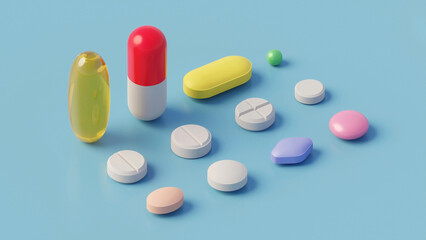 Set of different medical pills, tablets, capsules. Isometric 3d render on blue background