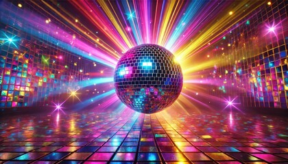 A disco ball hangs in the center of a dance floor, surrounded by colorful lights and stars