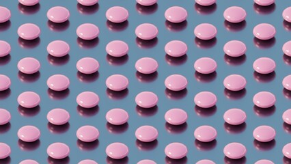 Set of medical pink pills . Isometric 3d render on blue metal background