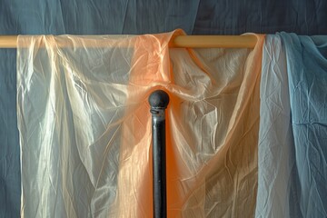 A vertical shot of a bed with orange and blue sheets and a metal stick