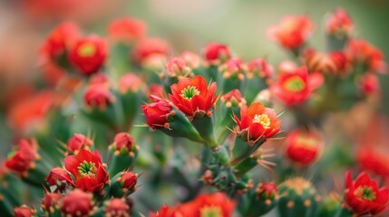 Euphorbia flowers with prickly stems and red blooms in selective focus decorative plant background