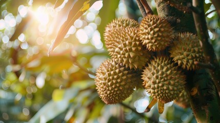 Durian fruit growing on a tree