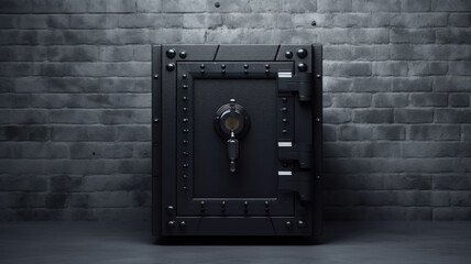 A large square safe in a dark room. Saving money. Horizontal banner.