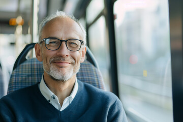Portrait of a happy, smiling middle-aged businessman wearing eyeglasses, sitting on a public city transport bus seat near the window. Ideal for illustrating morning job travel and