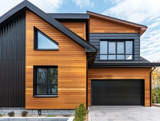 Modern wooden house exterior with sleek design, large windows, and a stylish garage, perfect for contemporary living.