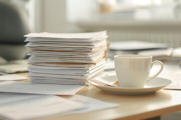 Business office table or desk cluttered with a large stack of paperwork documents, illustrating the complexity of bureaucracy and administrative tasks. Perfect for concepts related