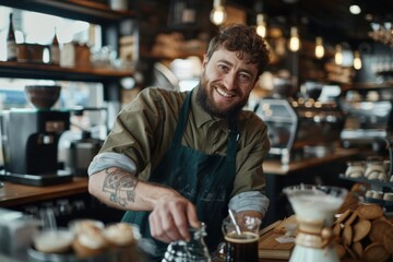 A smiling barista with a tattooed arm prepares coffee in a stylish café, surrounded by modern coffee equipment and warm, ambient lighting, creating an inviting atmosphere.