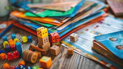Math game pieces and activity cards spread out for a group learning session