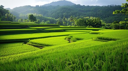 Fototapeta premium Rice fields in various stages of growth, showcasing a spectrum of green shades