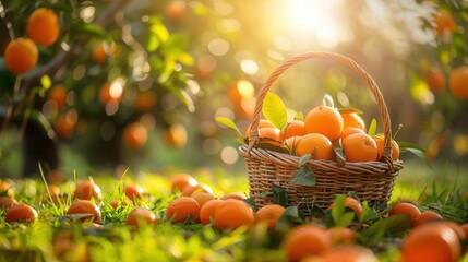 A basket of newly harvested fresh orange fruit in plantation farm field closeup view