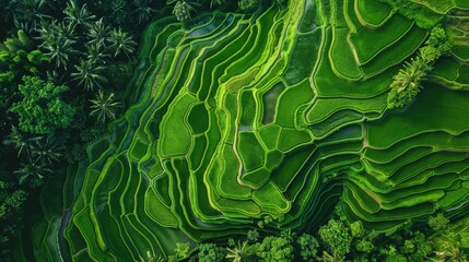 Aerial view of a picturesque rice field with intricate patterns