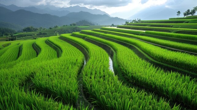 Beautiful rice fields with neatly planted rows and water-filled dikes
