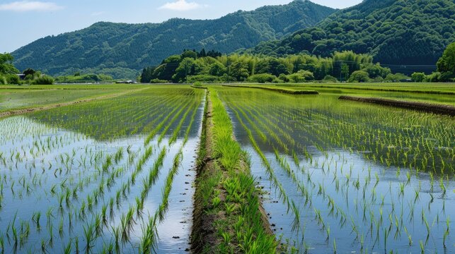 Beautiful rice fields with neatly planted rows and water-filled dikes
