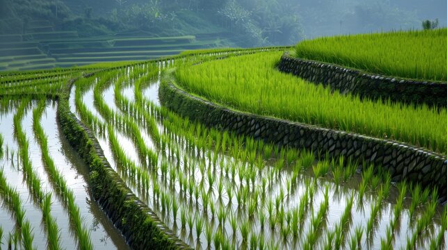 Beautiful rice fields with neatly planted rows and water-filled dikes