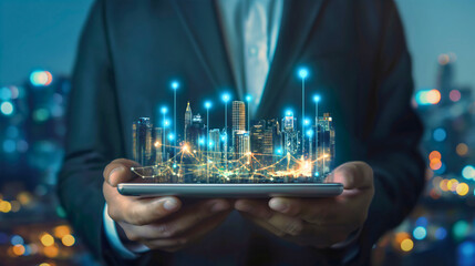 Businessman holding a tablet with a 3D hologram digital cityscape with buildings, skyscrapers, and nighttime lights, development of technology and in urban environments, business and network, internet