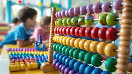 Colorful abacus with students learning basic arithmetic in the background