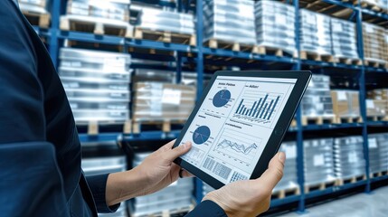 A worker in a warehouse stands in an aisle and looks at a tablet that displays a data chart