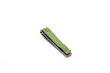 Stainless steel nail clipper isolated on a white background with copy space.