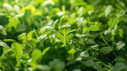 Obraz premium Fresh hydroponic arugula with rich, dark green leaves in a controlled environment