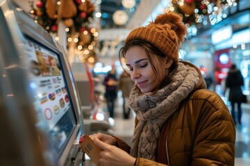 Fototapeta premium A young woman with a beanie and scarf uses a touchscreen kiosk in a bustling shopping mall adorned with holiday decorations, engaging with digital options for convenience.