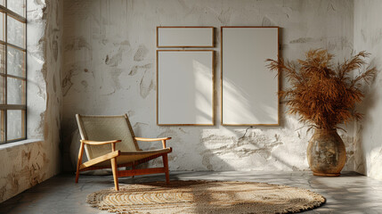 A room with a chair and a vase. The room is empty and has a simple, minimalistic design