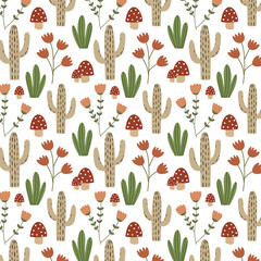 Floral seamless pattern in Scandinavian style. Flowers, plants, cactus, mushrooms and grass on white. Hand drawn design for print, paper, design, fabric, gift wrap, decoration, background. Vector 