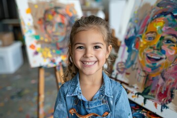 A young child artist smiling in an art studio, wearing a denim apron and surrounded by colorful paintings and art supplies, indicating creativity and joy.