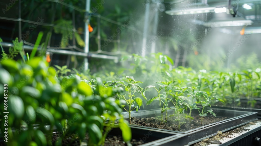 Poster green plants are growing in rows under artificial light and mist. the plants are being watered by a 