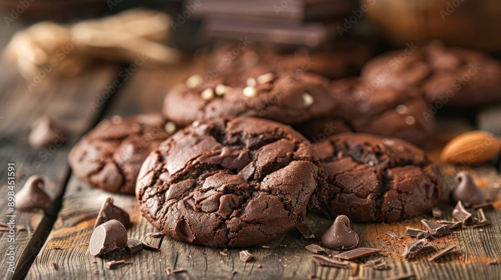 Poster Homemade chocolate cookies displayed on a rustic wooden table